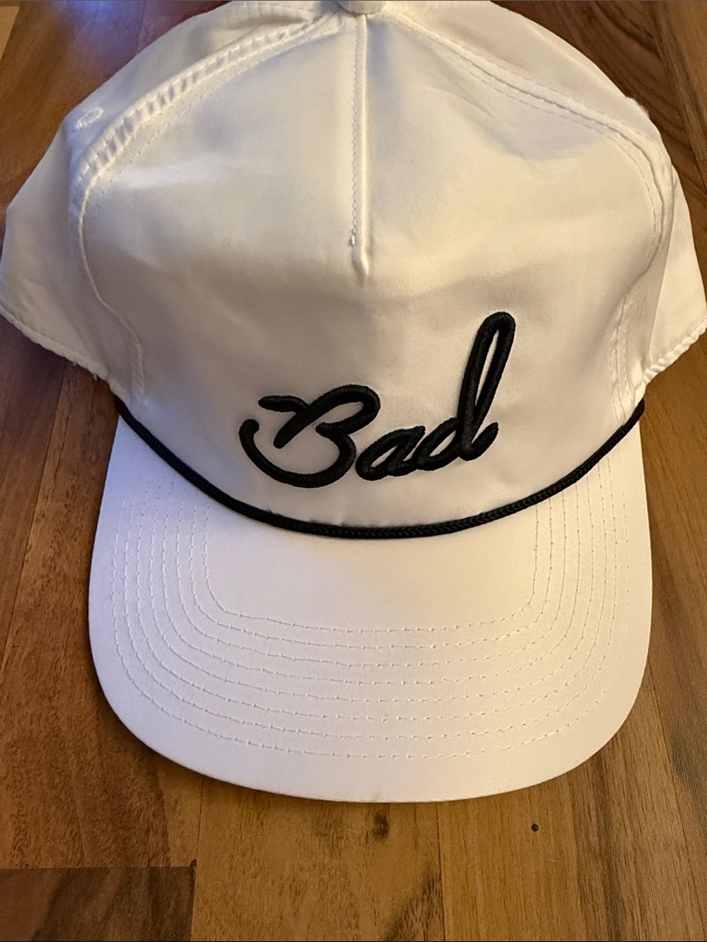 Bad Birdie White Cap with Black Script and Piping